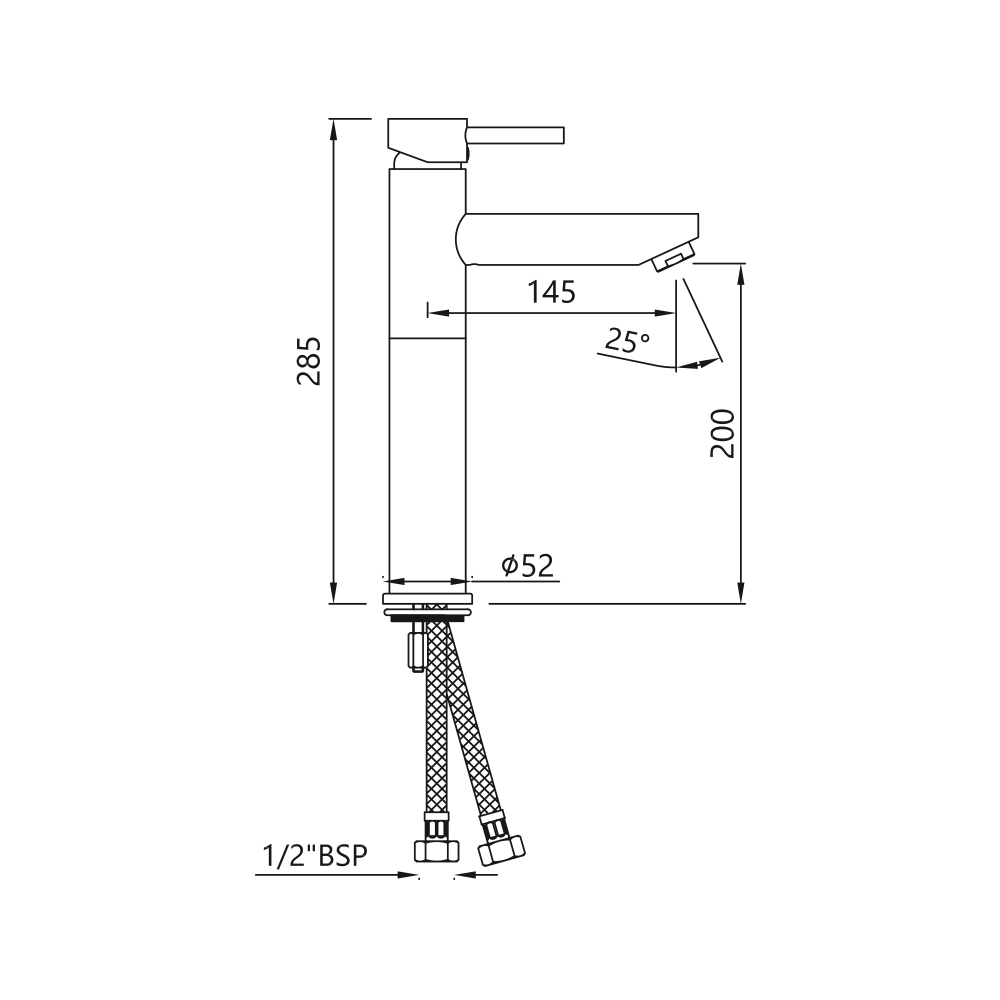 Удлиненный смеситель для раковины Jaquar Florentine FLR-CHR-5005NB — чертёж с размерами