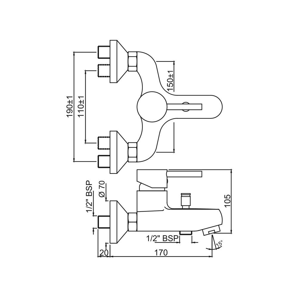 Смеситель для ванны и душа Jaquar Florentine FLR-CHR-5119 — чертёж с размерами