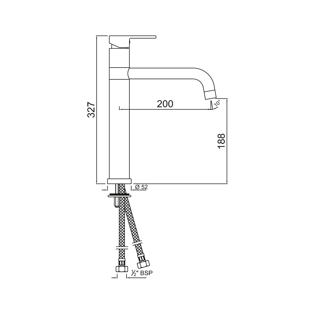 Удлиненный смеситель для раковины Jaquar Fusion FUS-CHR-29009B — чертёж с размерами