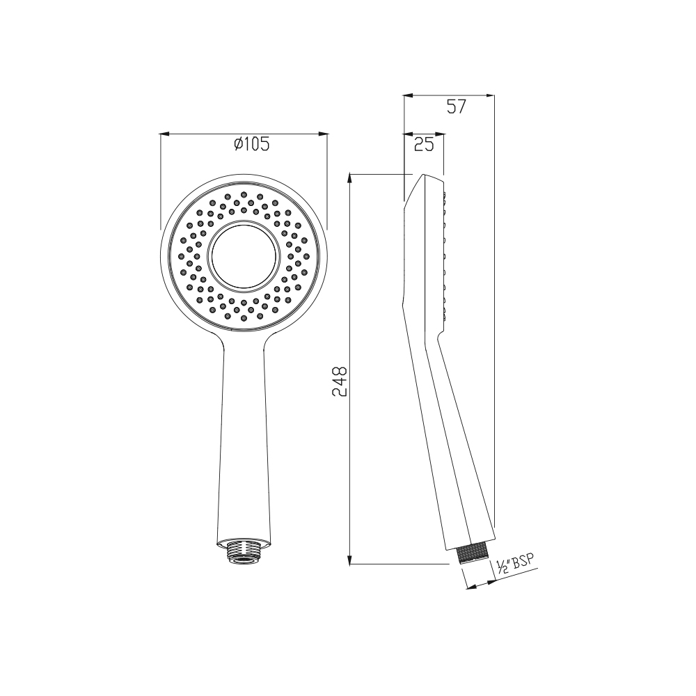 Ручной душ Jaquar Rain Shower, d 10.5 см, 1 режим, с аэрацией, хром — чертёж с размерами
