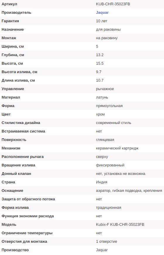 Смеситель для ванны Jaquar Kubix-F 15.5 см — технические характеристики изделия