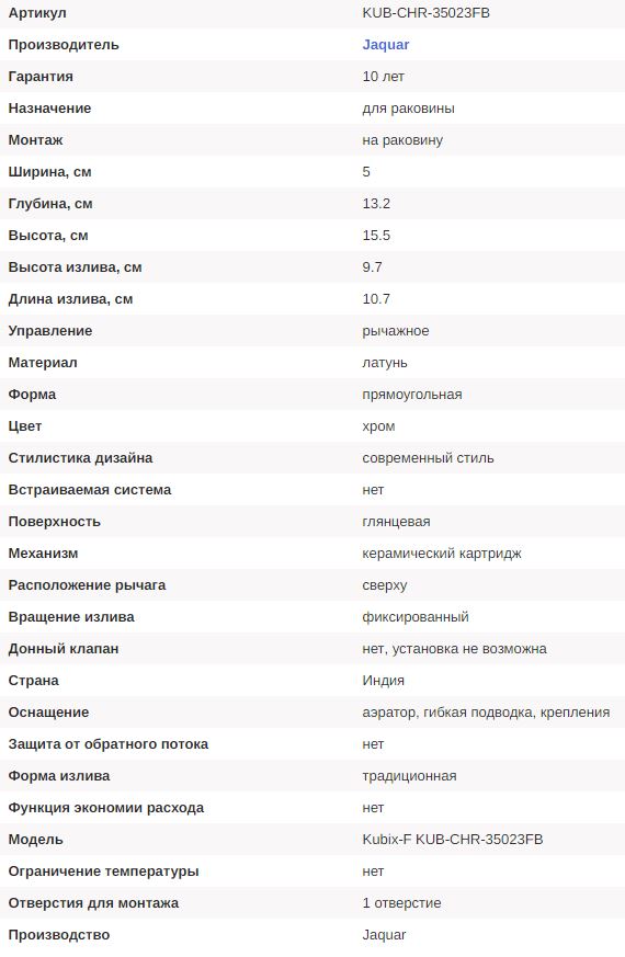 Смеситель для ванны Jaquar Kubix-F 15.5 см — технические характеристики изделия-1