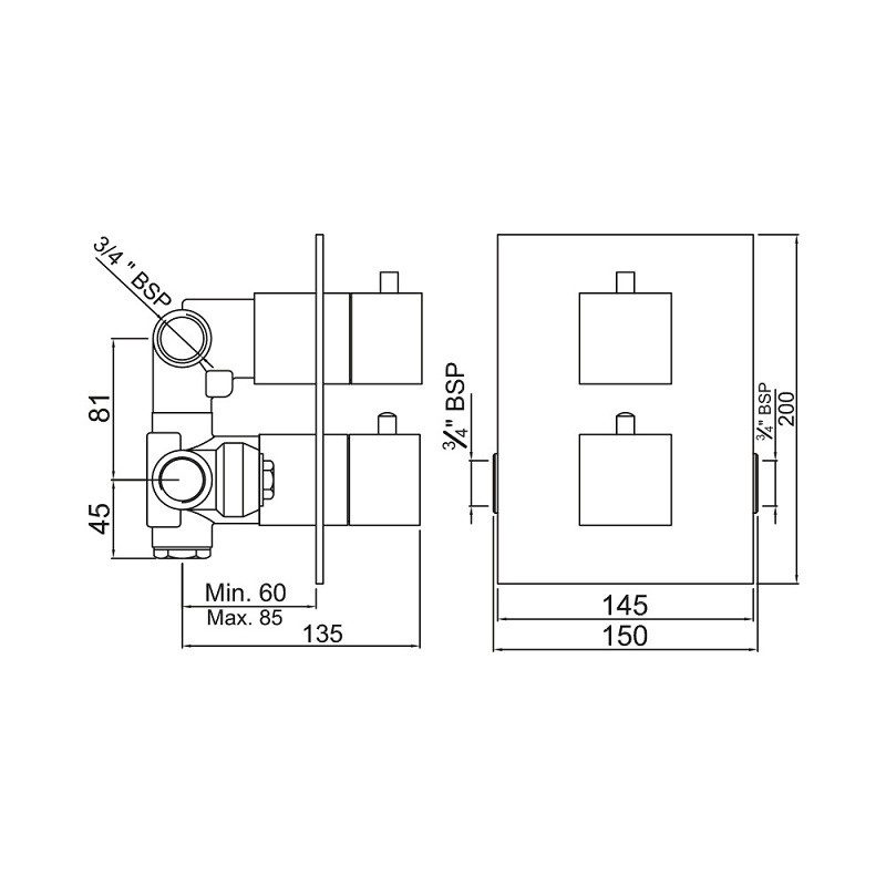 Термостат ванны и душа Jaquar Kubix-F KUB-CHR-35671HF — чертёж с размерами