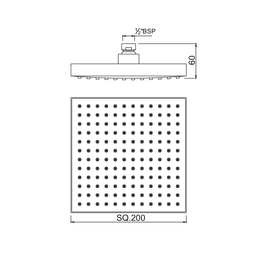 Верхний душ Jaquar Rain Shower 20x20 см, хром — чертёж с размерами
