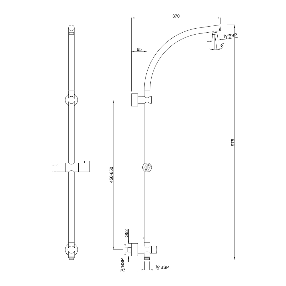 Душевая штанга Jaquar Shower Pipe — чертёж с размерами и проекциями