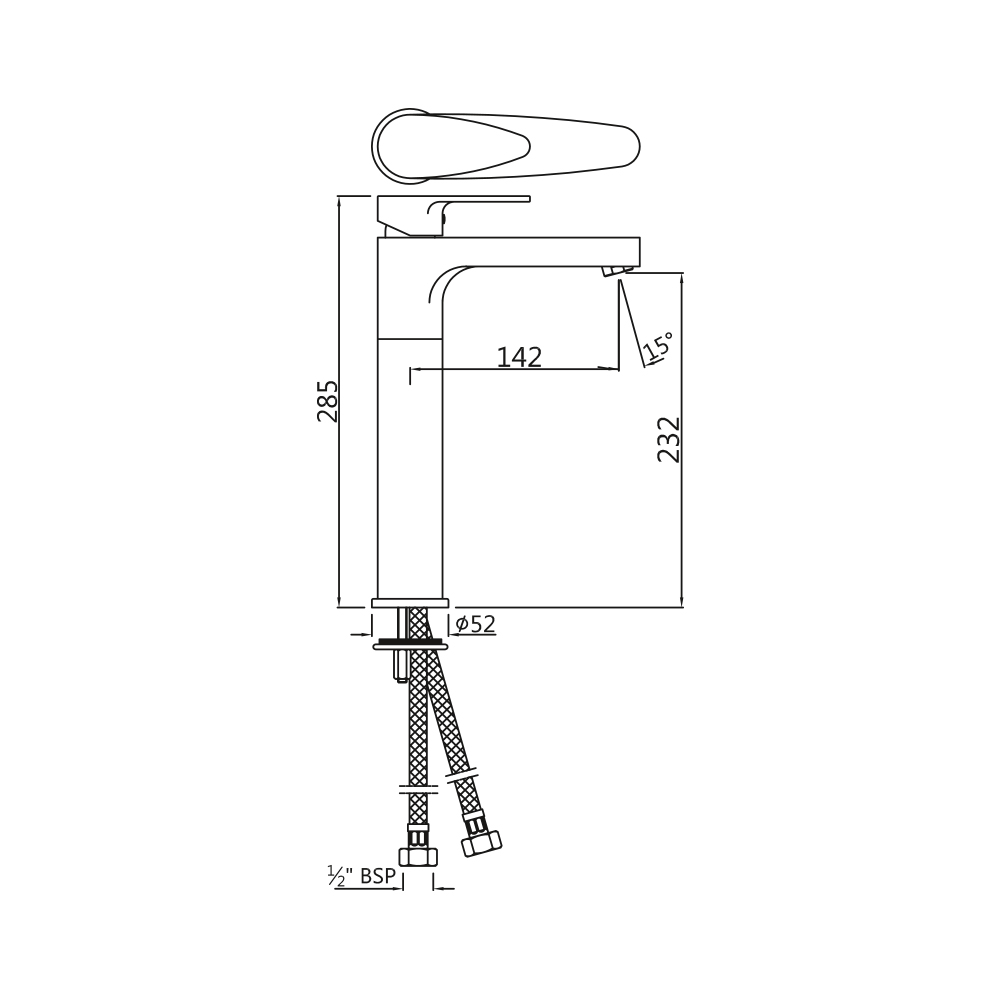 Удлиненный смеситель для раковины Jaquar Vignette Prime VGP-CHR-81005NB — чертёж с размерами