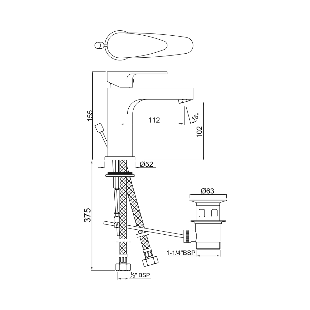 Смеситель для раковины Jaquar Vignette Prime VGP-CHR-81051B — чертёж с размерами