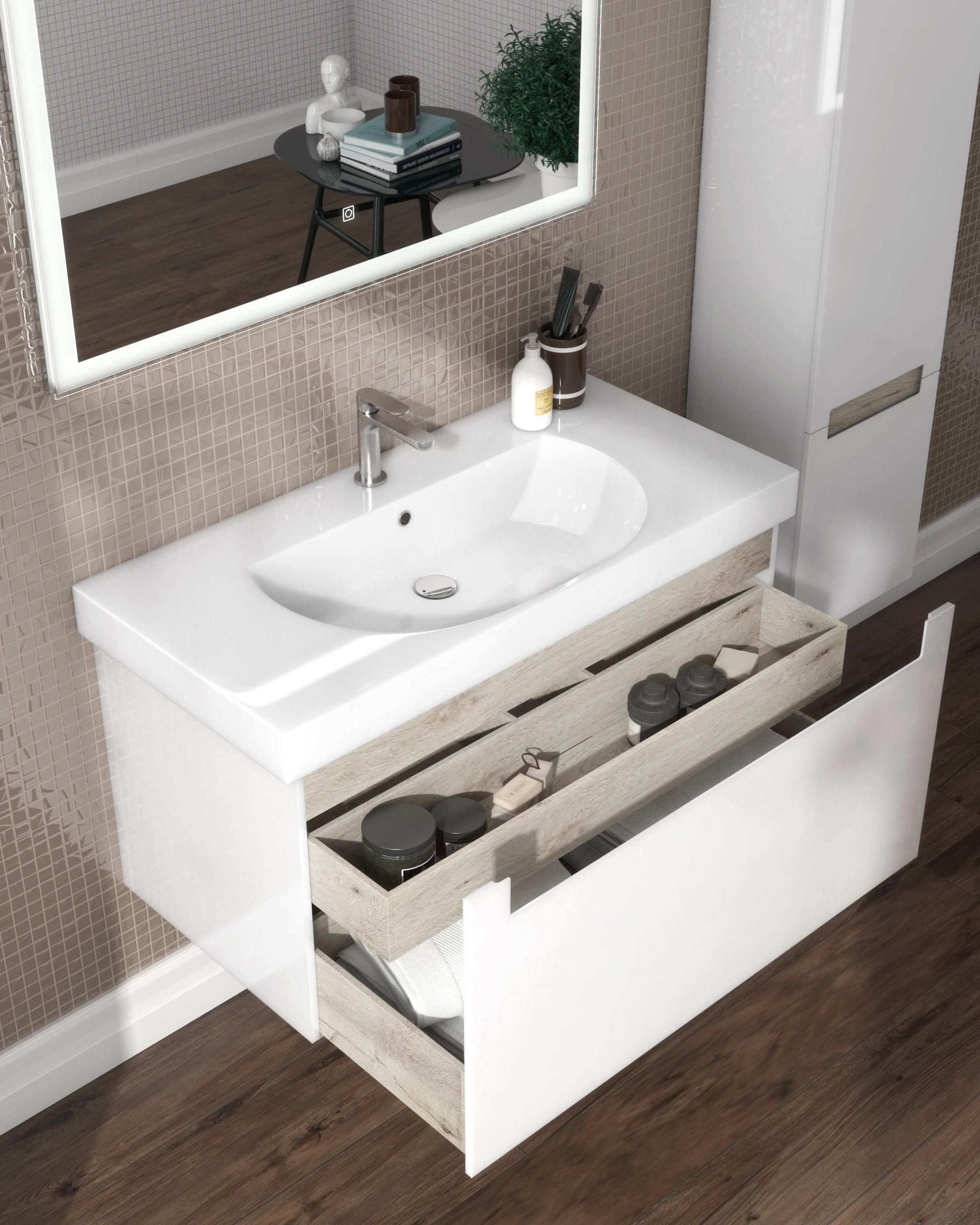Тумба KERAMA MARAZZI Buongiorno Plus подвесная с ящиками 100, белая глянцевая/дуб кантри