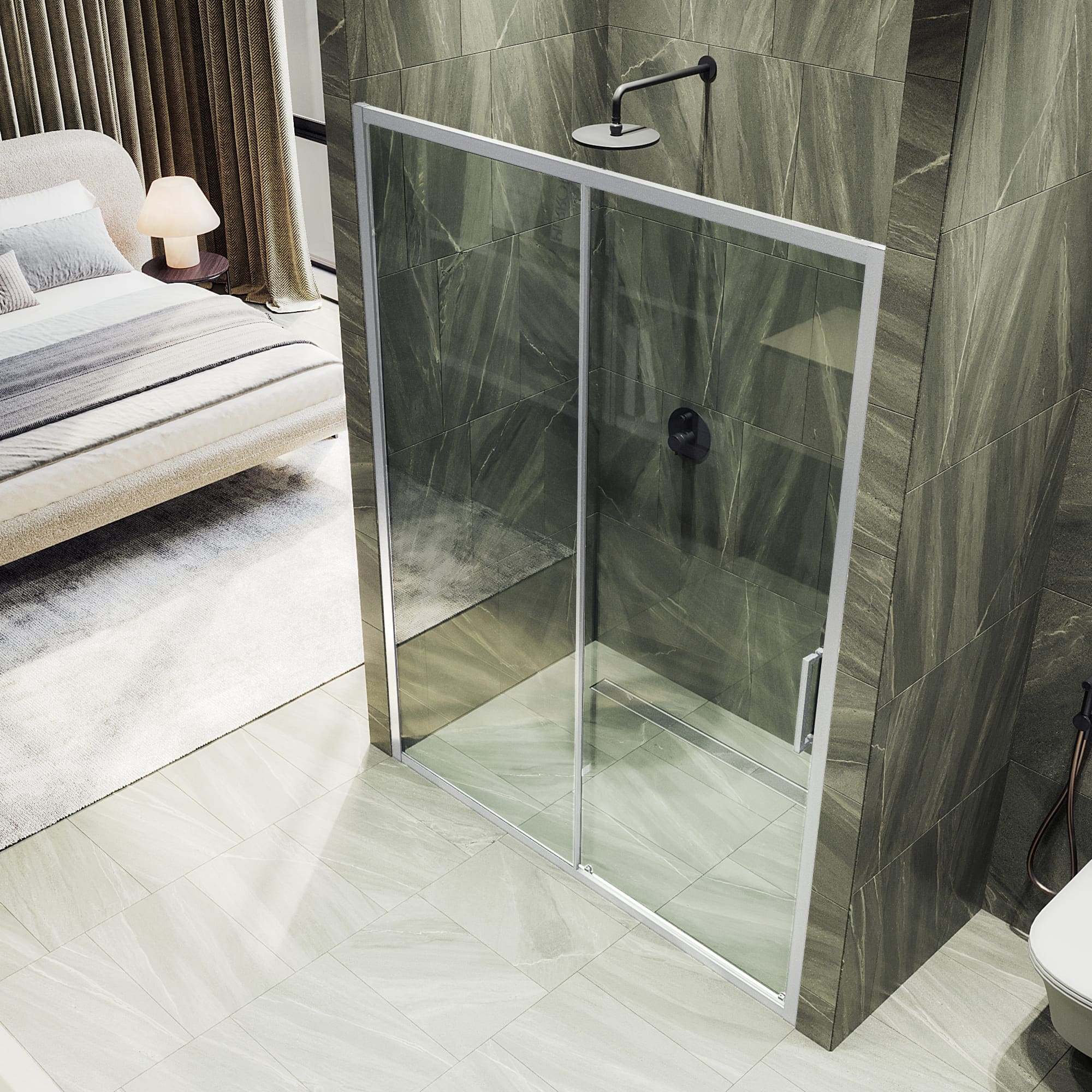 Душевая дверь MaybahGlass раздвижная 120x195 см, стекло прозрачное/хром матовый — в ванной комнате с плиткой под мрамор