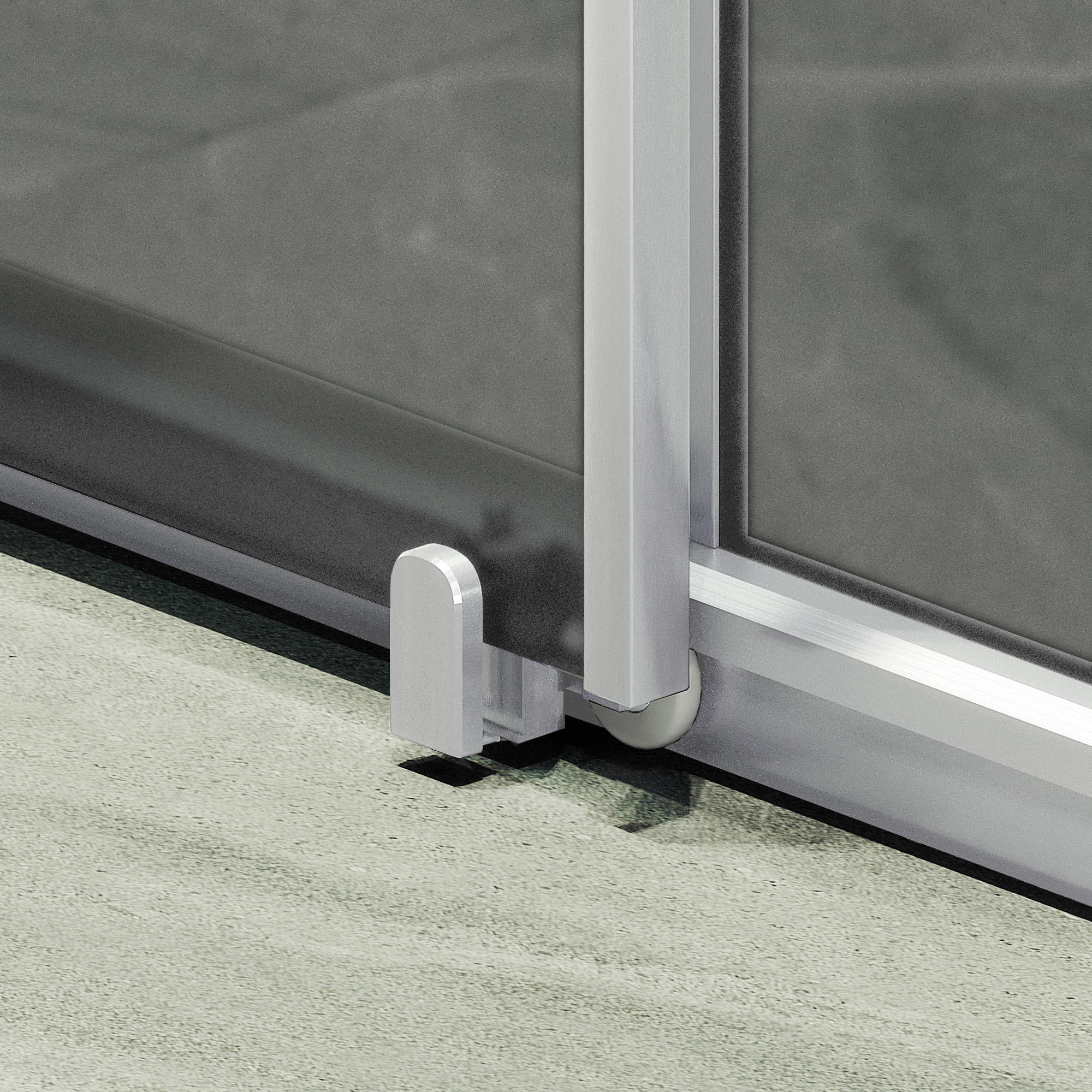 Душевая дверь MaybahGlass раздвижная 150x195 см, стекло графит матовый/хром матовый — нижний профиль и ролик крупным планом