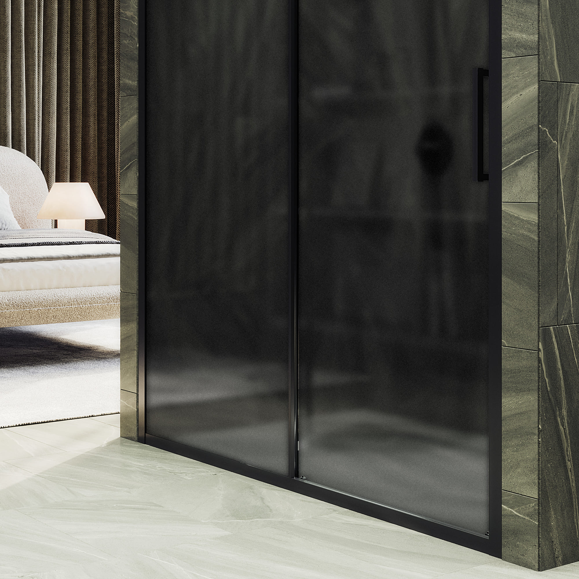 Душевая дверь MaybahGlass раздвижная 150x195 см, стекло графит матовый/черный — вид на раздвижную конструкцию в ванной с плиткой