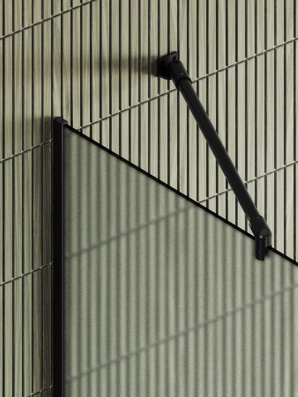 Душевая перегородка MaybahGlass в узком профиле, с полотенцедержателем, 195x99 см, стекло сатин/черный — вид на матовое полотно с черным держателем