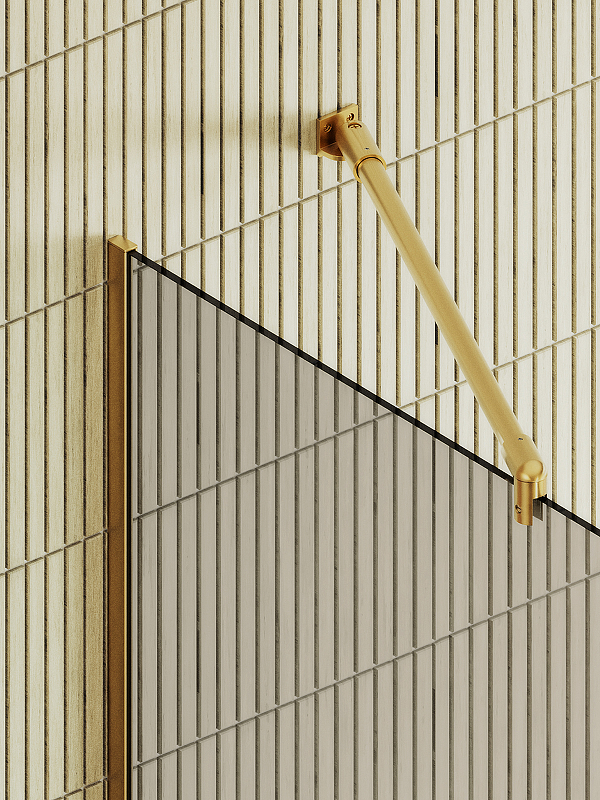 Душевая перегородка MaybahGlass в узком профиле, с полотенцедержателем, 195x69 см, стекло бронза/черный — крепление к стене из белой плитки