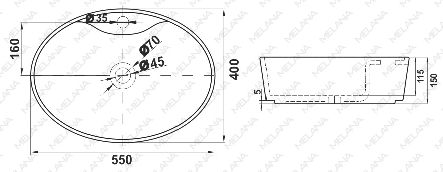 Раковина накладная Melana MLN-320301 — чертёж с размерами изделия
