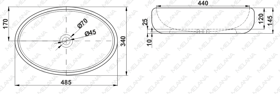 Раковина накладная Melana MLN-320317 — чертёж с размерами