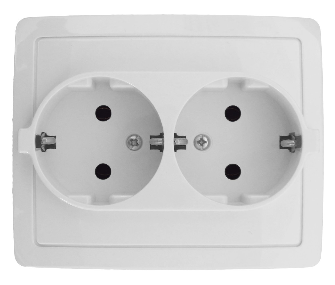 Розетка Simon 15 Schuko двойная, с заземлением, 2x2Р+Е, 16A 250В, моноблок, белый матовый — вид спереди