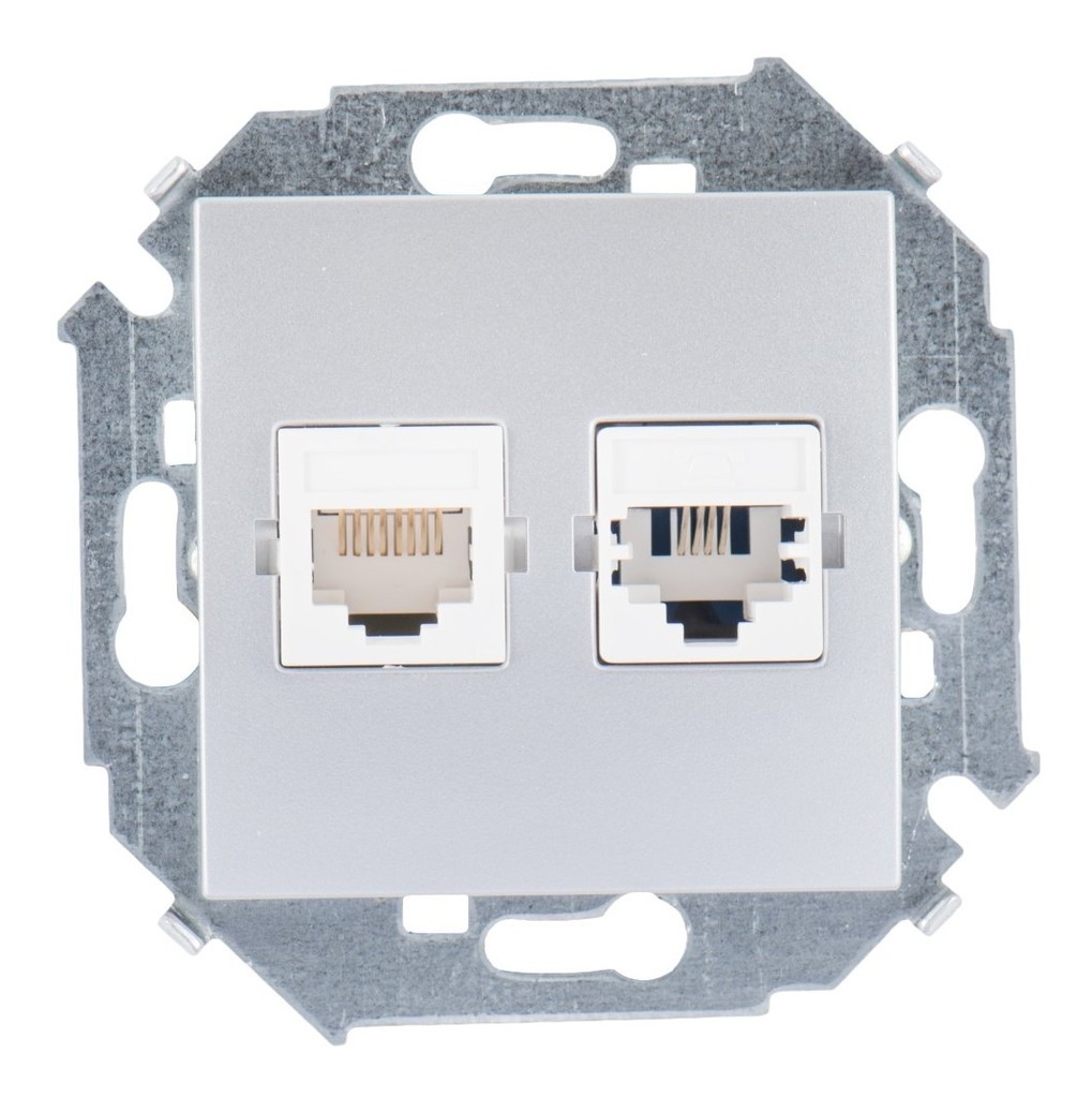 Розетка компьютерная Simon 15 + телефонная RJ11+RJ45 кат.5е, алюминий — вид спереди на механизм