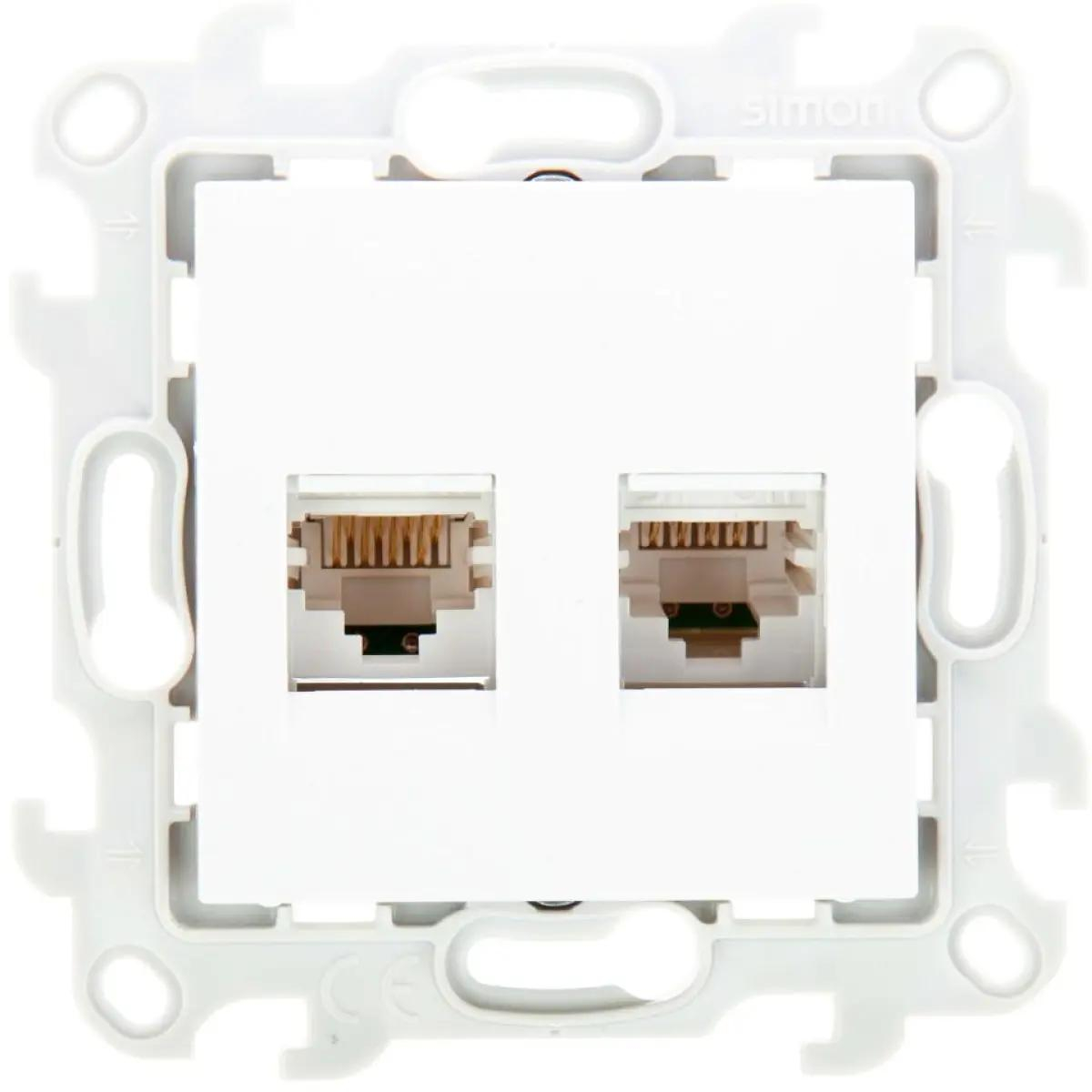 Розетка компьютерная Simon 24 Harmonie 2xRJ45 Cat.6 UTP, белый — вид спереди на двойной разъем
