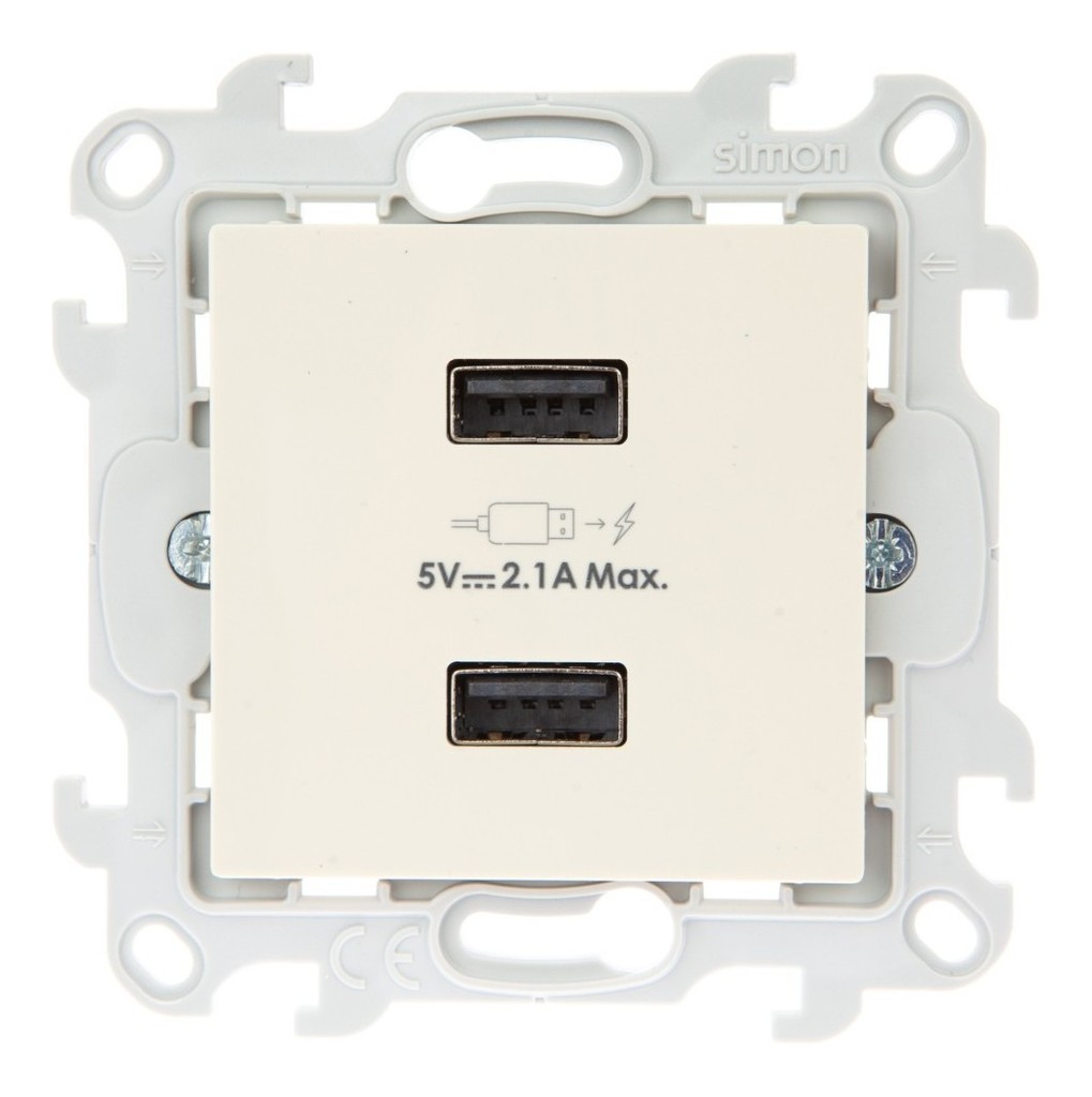 Зарядное устройство Simon 24 Harmonie 2хUSB 2.4A, слоновая кость — вид спереди на панель с портами
