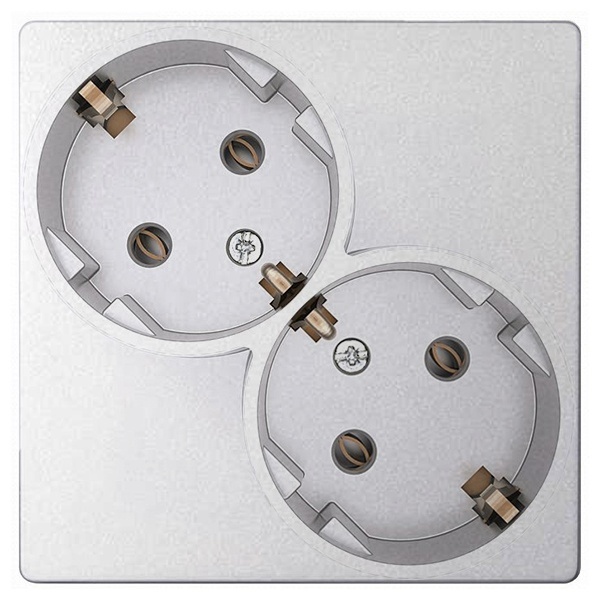 Розетка Simon 24 Schuko, двойная, без шторок, 2х2Р+Е 16A 250В, алюминий — вид спереди на изделие