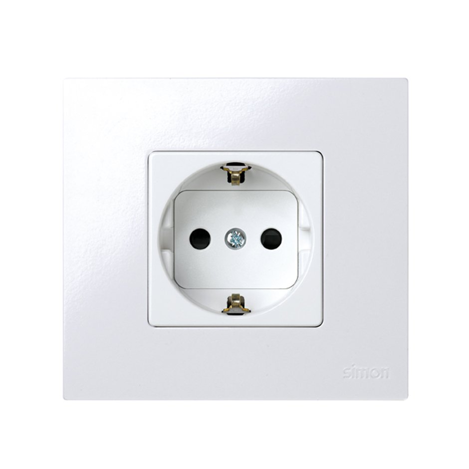 Розетка Simon 27 Schuko, 2Р+Е, со шторками, винтовой зажим, 10/16 А 250 В, механизм, белый — вид спереди-1