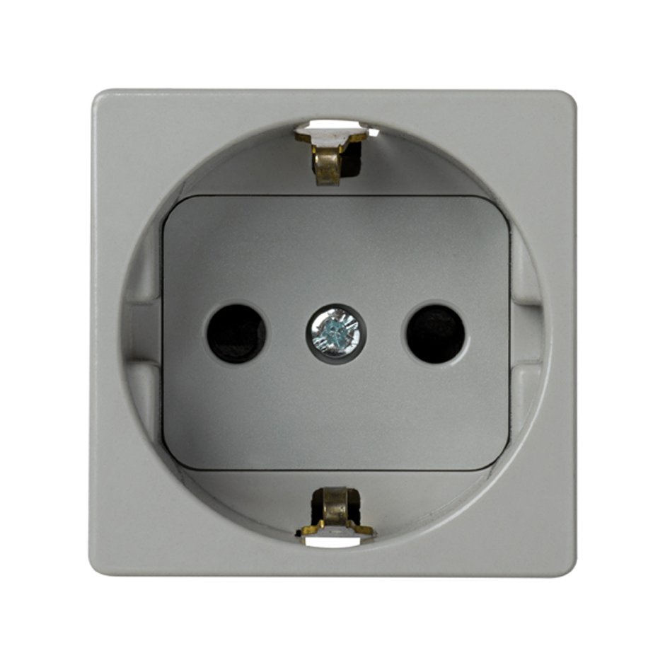 Розетка Simon 27 Schuko 2Р+Е, со шторками, винтовой зажим, 10/16 А 250 В, механизм, серый — вид спереди