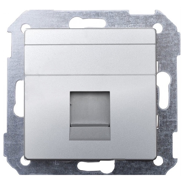 Адаптер Simon 82, со шторками на 1 коннектор UTP (RJ45) FTP (RJ45) RJ12 AMP, алюминий — вид спереди на лицевую панель