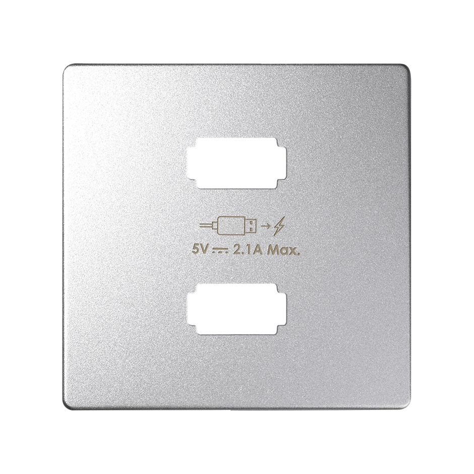 Накладка на розетку Simon 82 Detail для зарядного устройства 2хUSB, алюминий — передний план с двумя разъемами