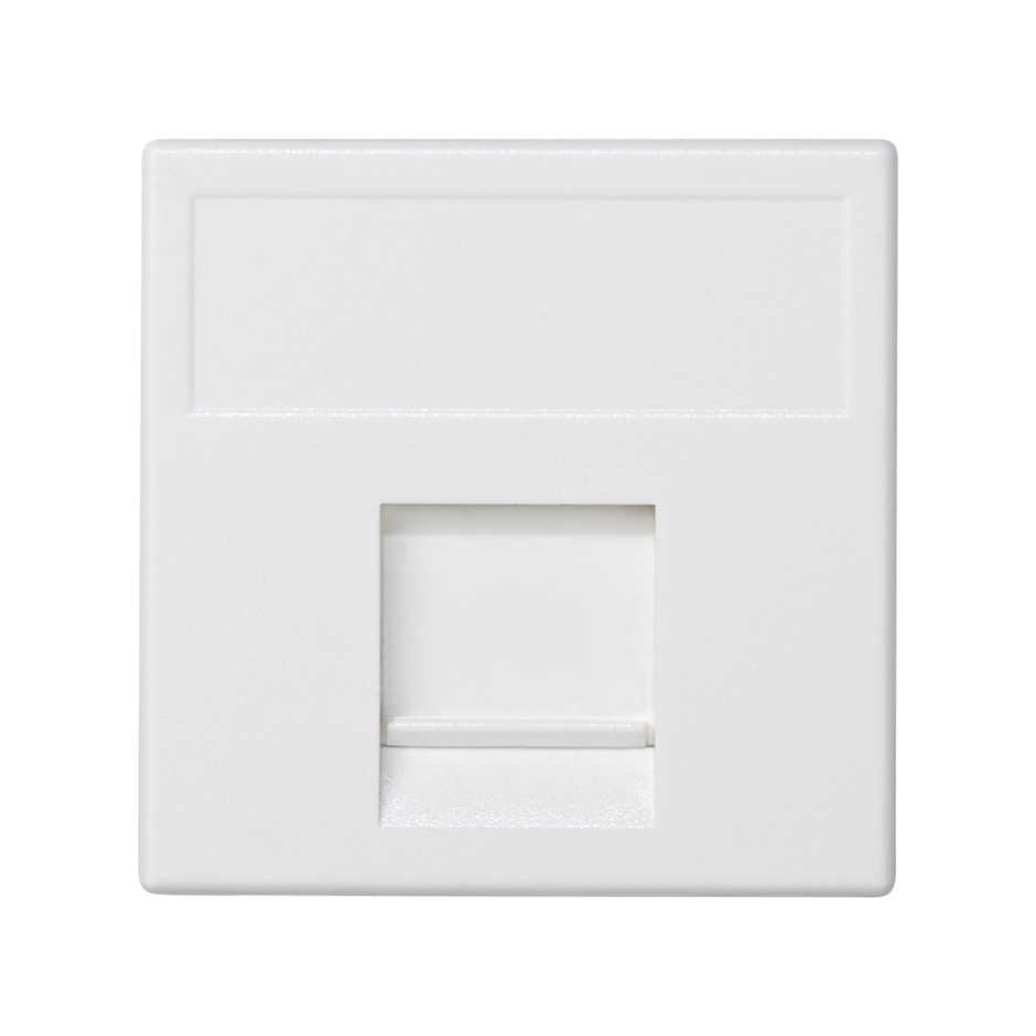Адаптер Simon Connect K45 со шторкой на 1 RJ45 конектор, AMP(S110,SL110,SLt), Brand-Rex, RIT — вид спереди на белую панель
