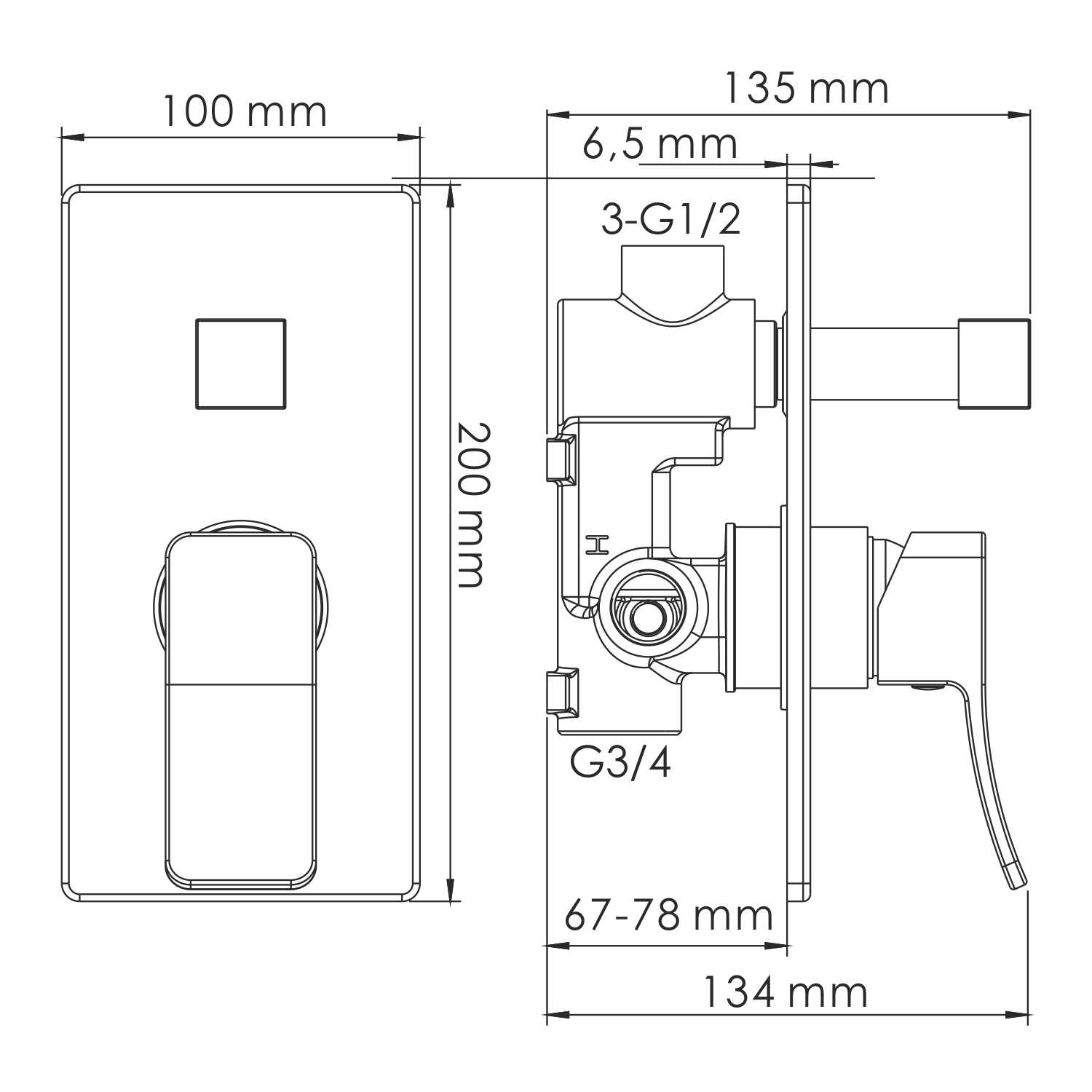 Встроенный смеситель Wasserkraft Aller 1060 для ванны и душа — чертёж с размерами и проекциями