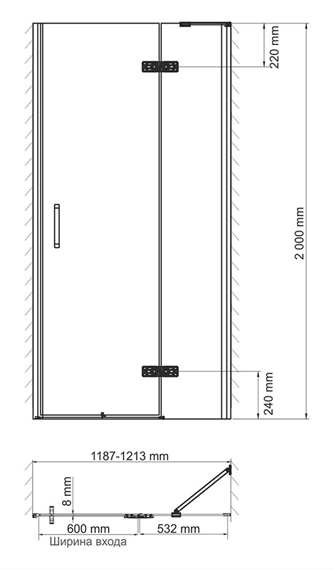 Душевая дверь Wasserkraft Aller 10 120 см — чертёж с размерами