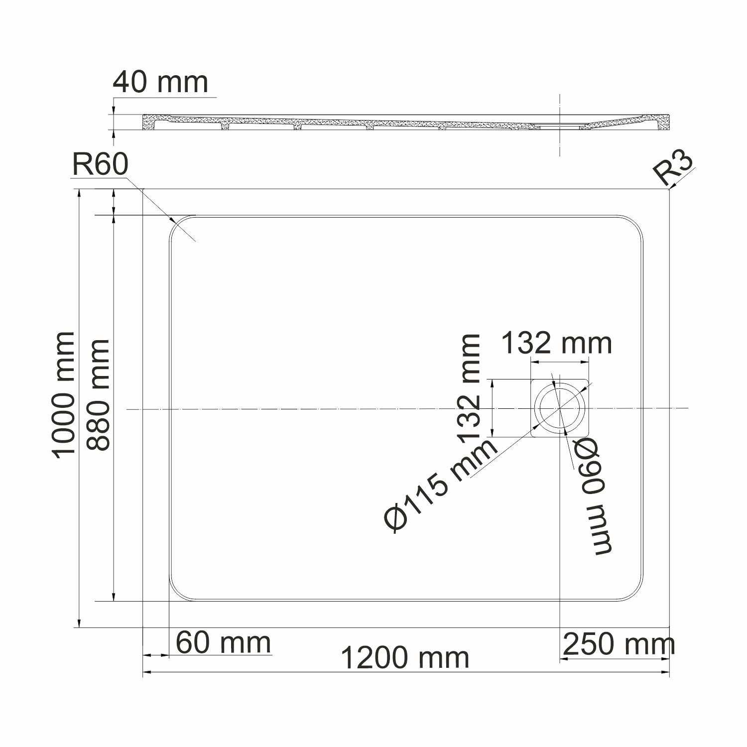Душевой поддон Wasserkraft Neime 19T, 120х100 — чертёж с размерами
