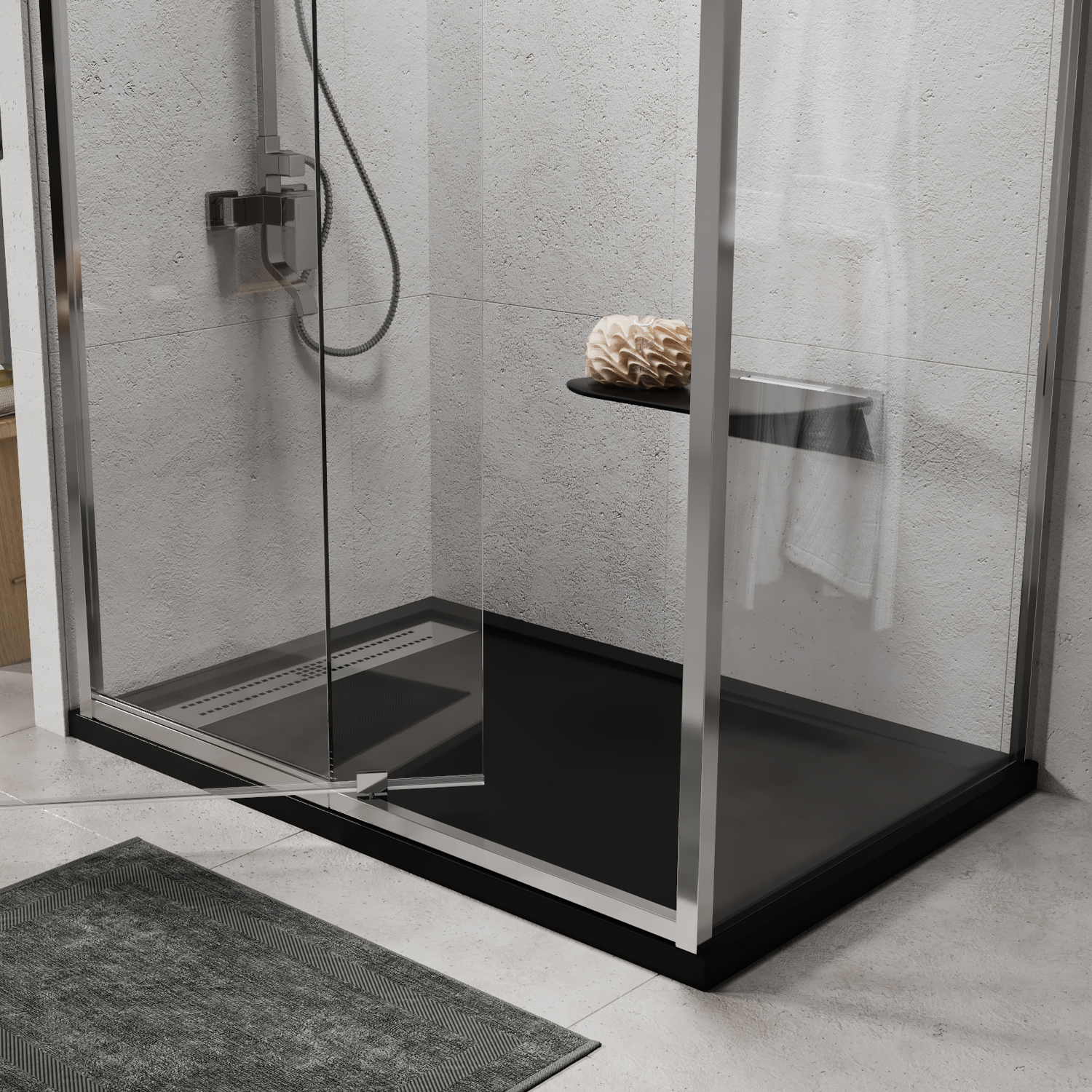 Душевой поддон Wasserkraft Abens 20T, 120х80 — душевая кабина с черным поддоном у серой стены