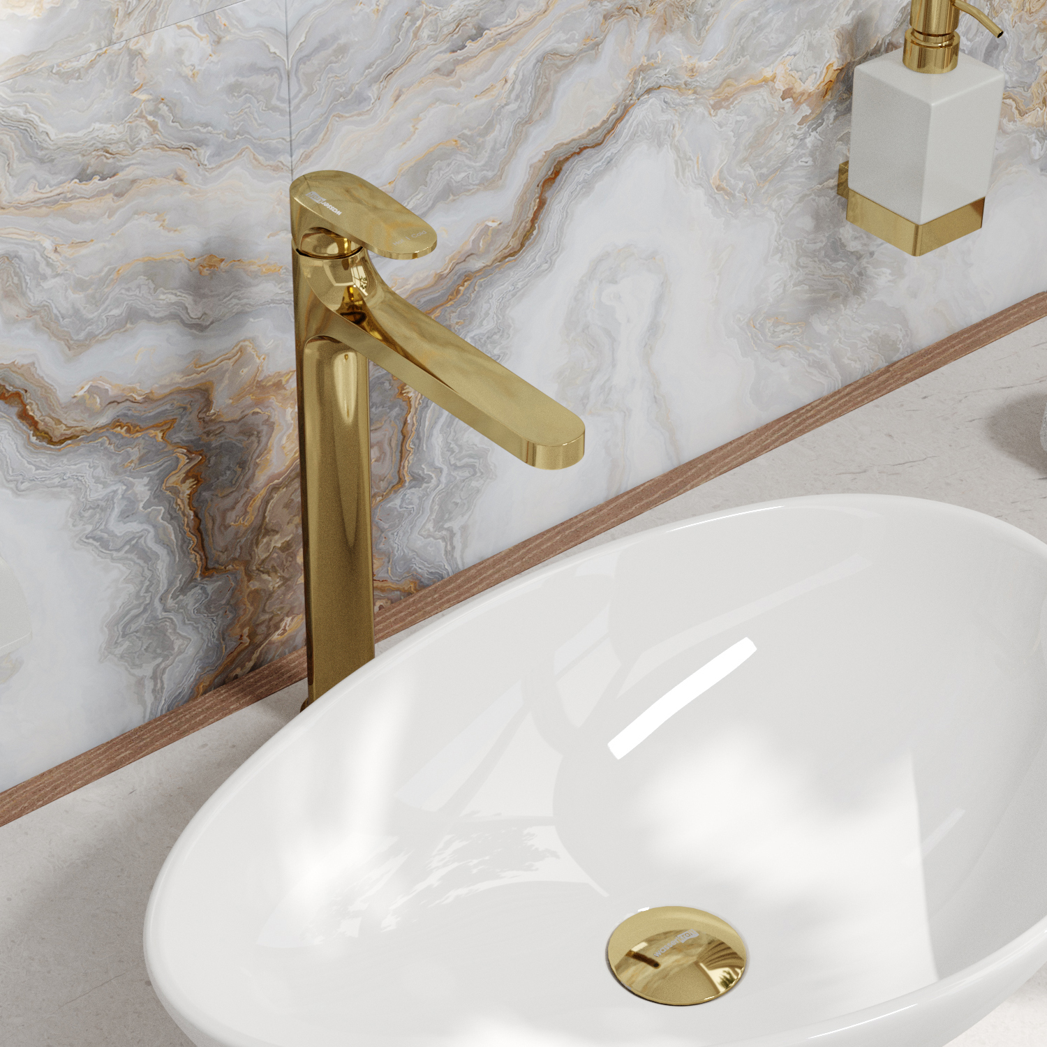 Смеситель для раковины Wasserkraft Neckar 2100 — золотой кран на фоне мраморной стены