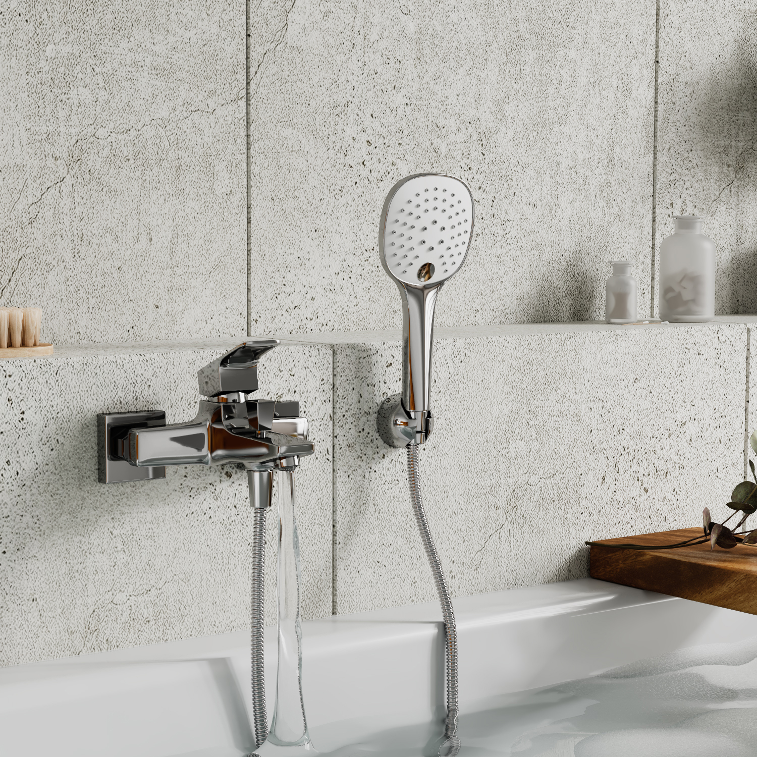 Смеситель Wasserkraft Salm 2700 с коротким изливом — хромированный смеситель на фоне серой каменной плитки