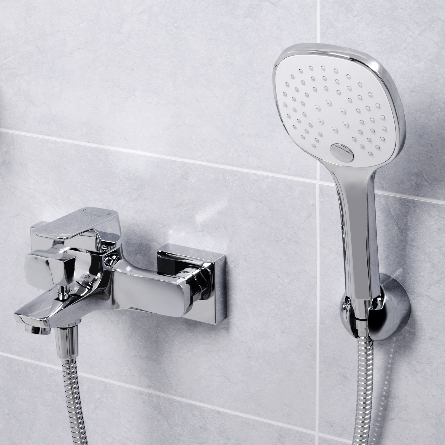 Смеситель Wasserkraft Salm 2700 с коротким изливом — смеситель и душевая лейка на серой плитке