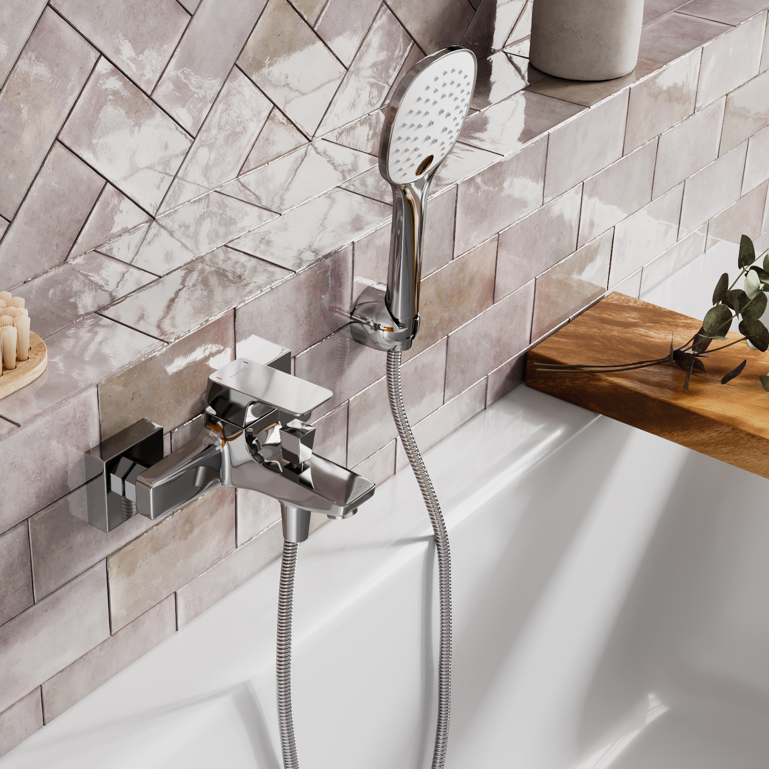 Смеситель Wasserkraft Salm 2700 с коротким изливом — смеситель на стене из светлой плитки в ванной комнате