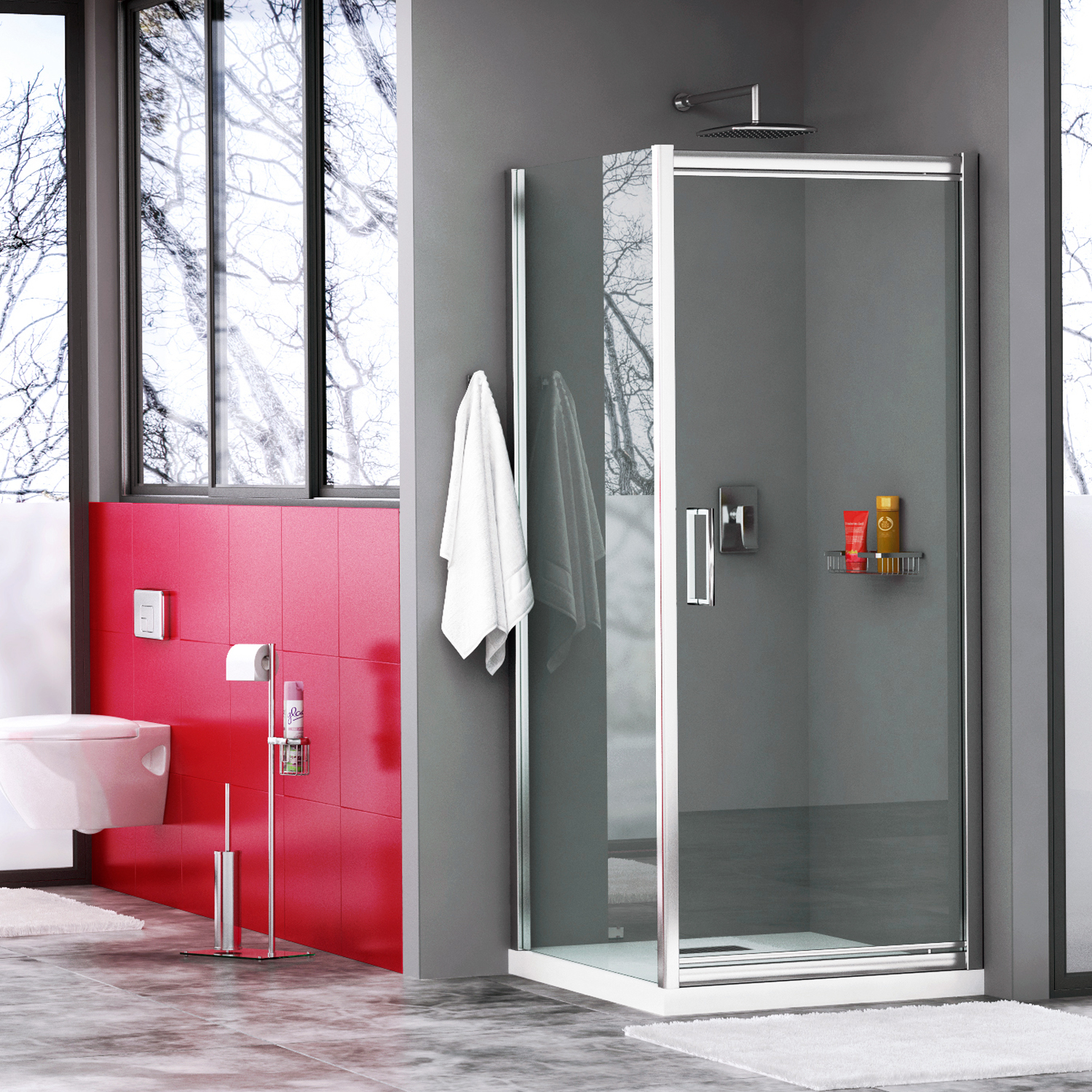 Душевой уголок Wasserkraft Salm 27I 90х100 — стеклянная кабина у красной стены