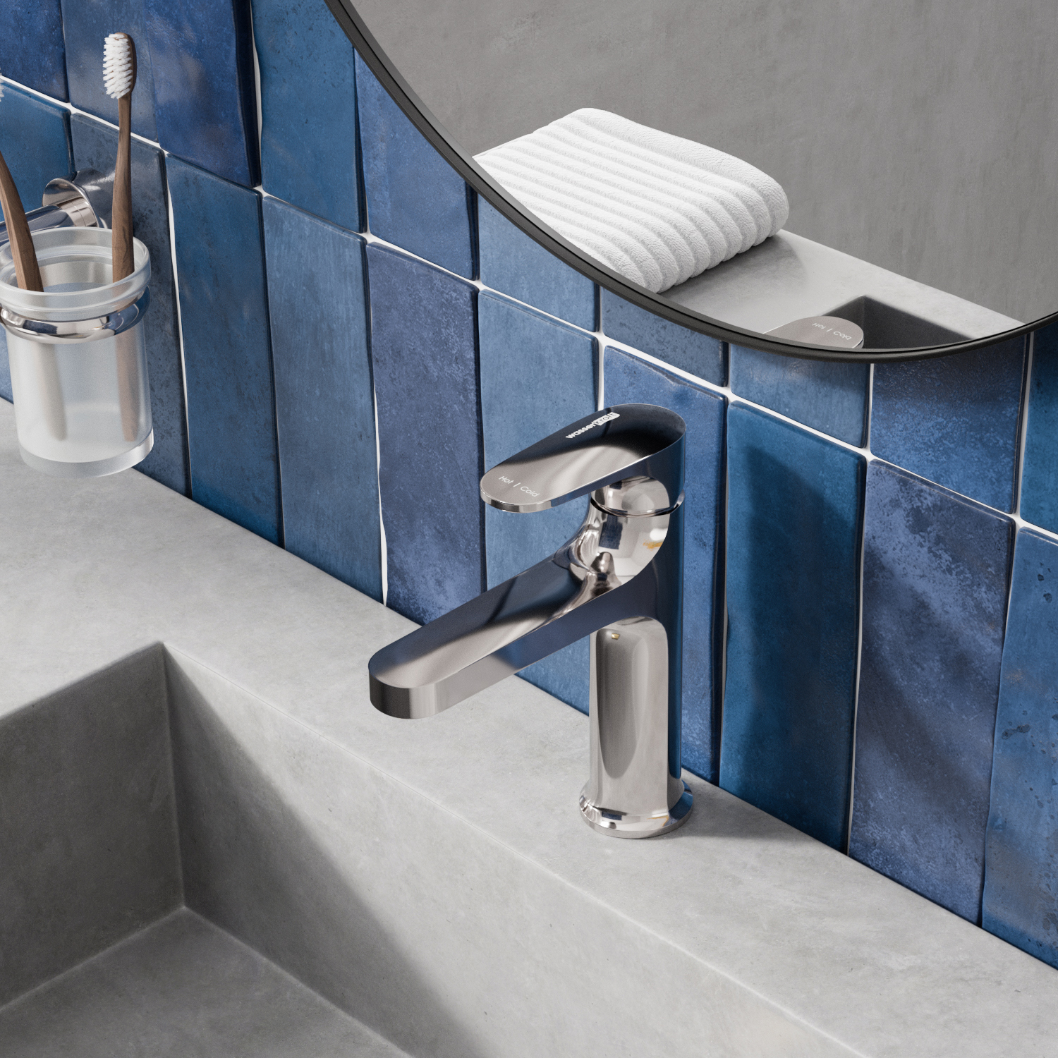 Смеситель для раковины Wasserkraft Weida 3100 — хромированный излив на фоне синей плитки