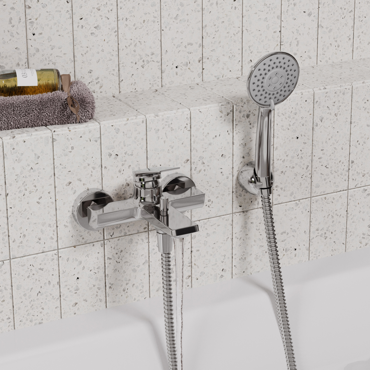 Смеситель Wasserkraft Lopau 3200 с коротким изливом — на стене из светлой плитки с терраццо