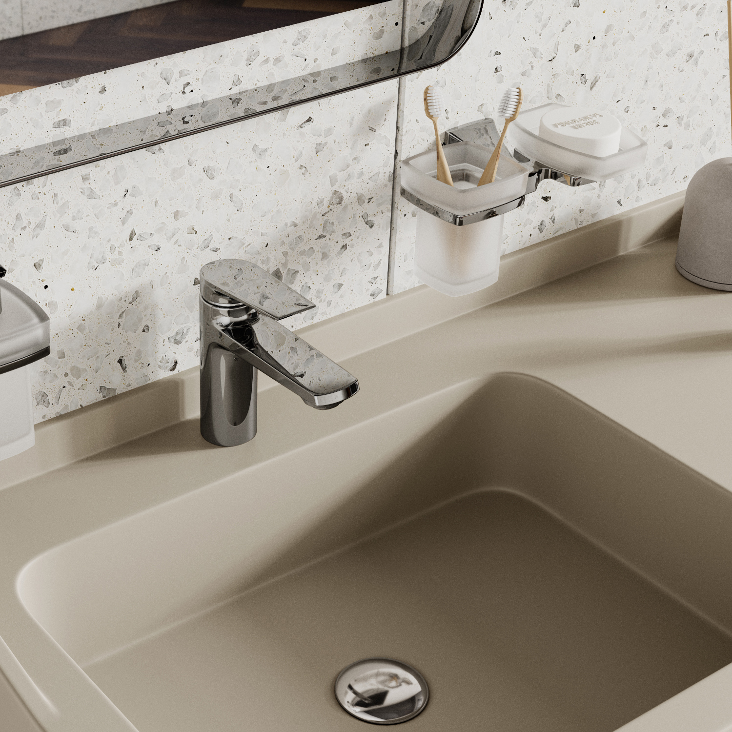 Смеситель для раковины Wasserkraft Lopau 3200 — хромированный кран на фоне плитки с вкраплениями