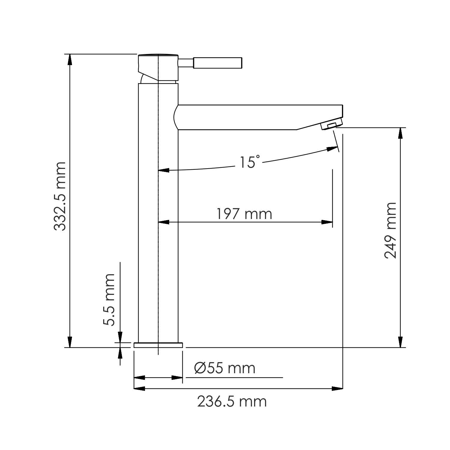 Смеситель Wasserkraft Gollach 3300 — чертёж с размерами