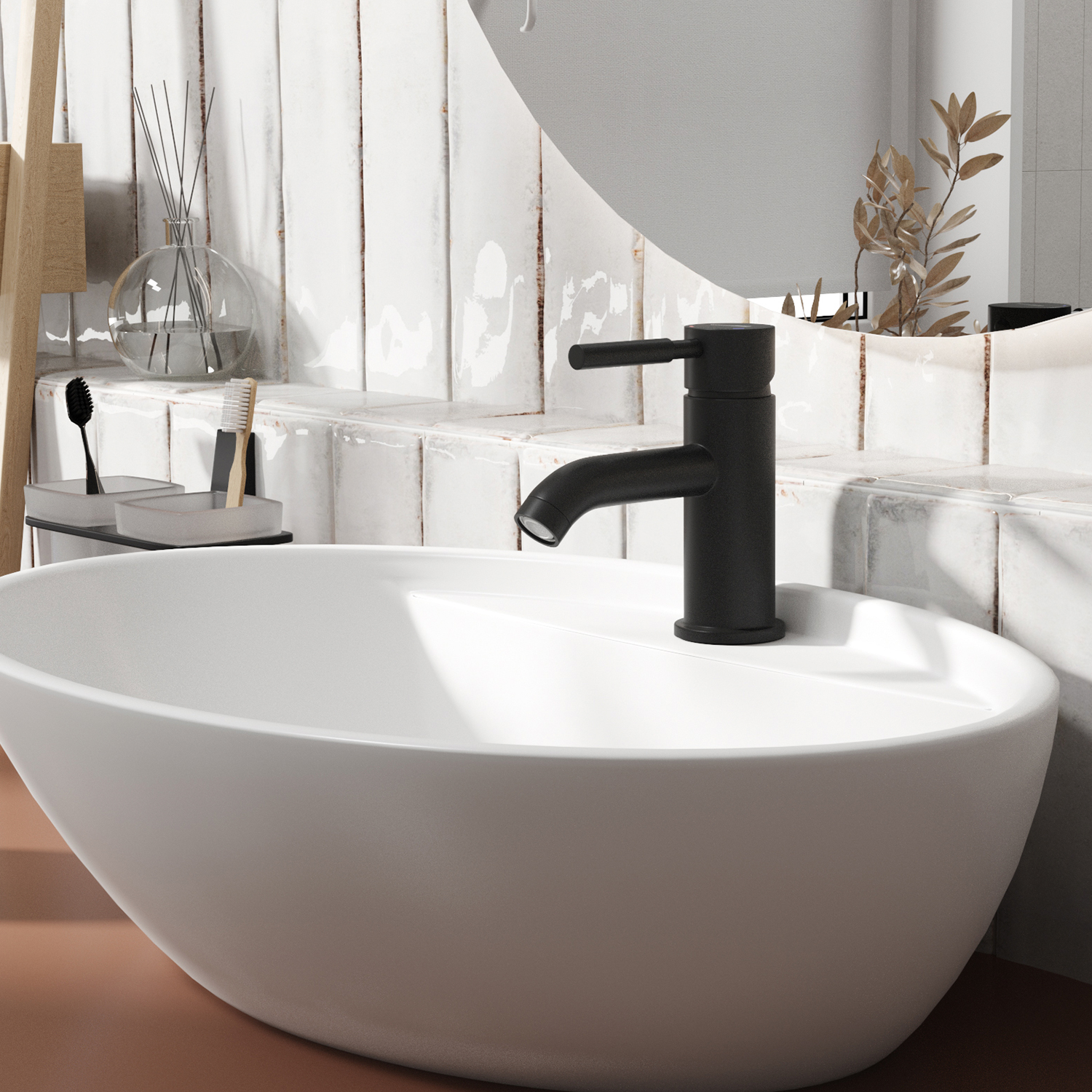 Смеситель для раковины Wasserkraft Gollach 3300 — черный излив на белой раковине у плитки