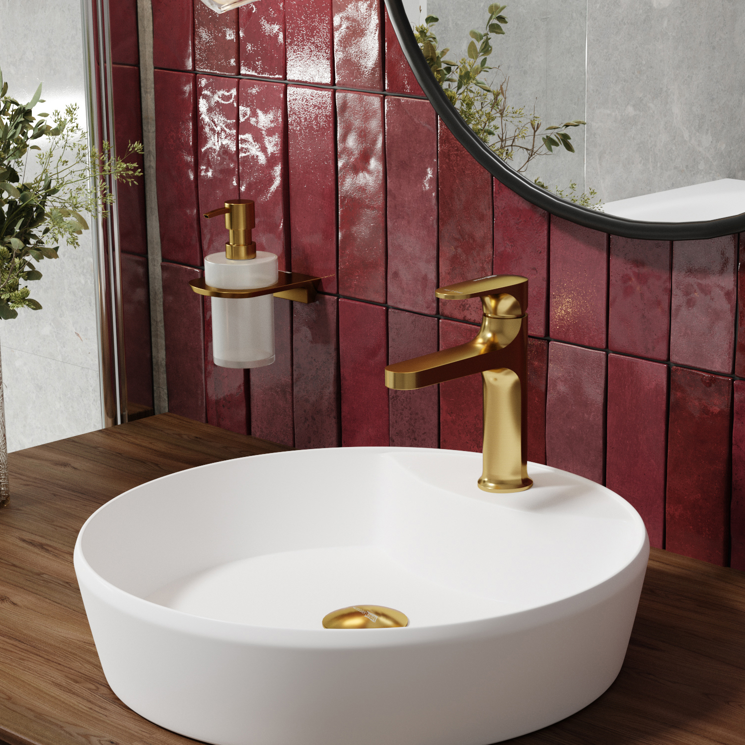 Смеситель для раковины Wasserkraft Havel 3600 — золотой смеситель на фоне бордовой плитки