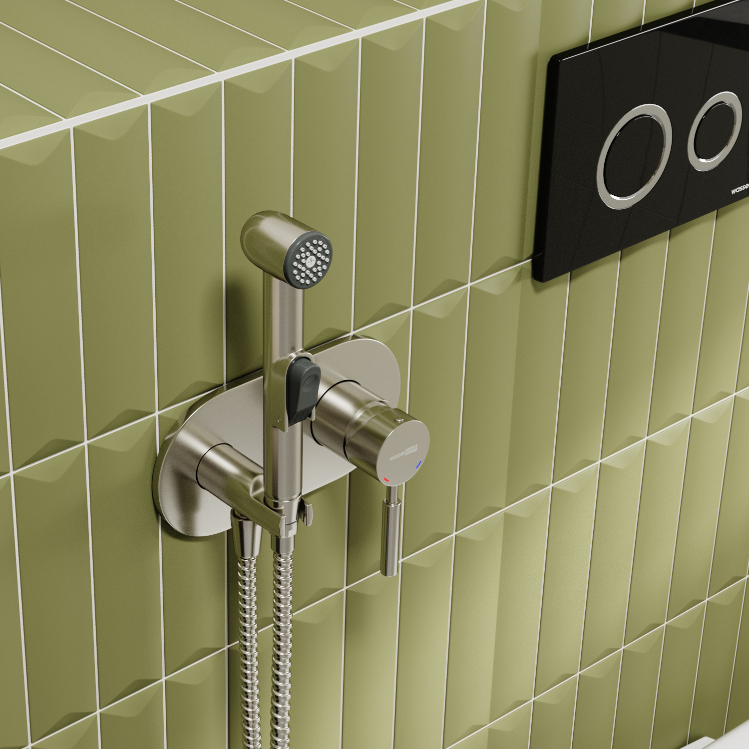 Гигиенический душ Wasserkraft Wern 4200 со смесителем — смеситель с лейкой на зеленой плитке