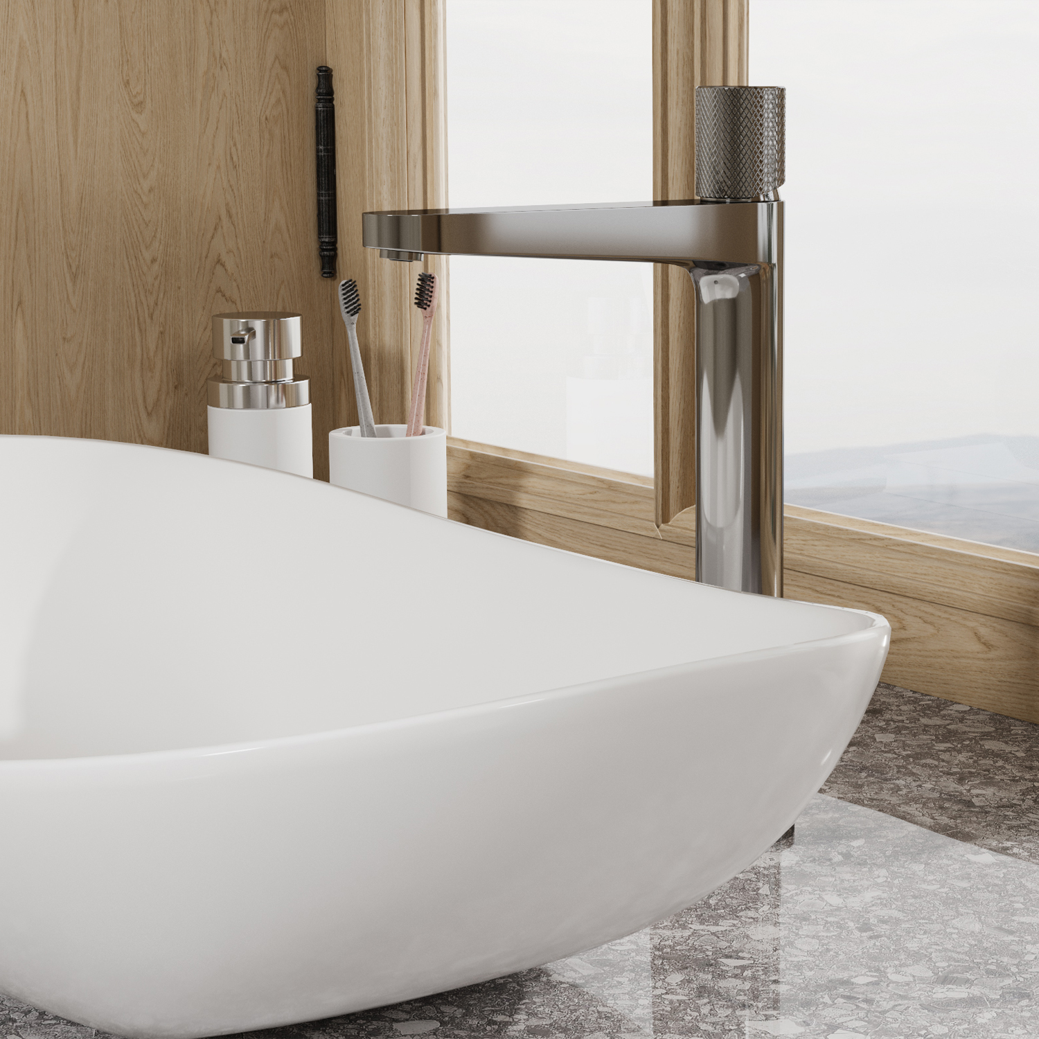 Смеситель для раковины Wasserkraft Mosel 4600 — хромированный кран у деревянной стены