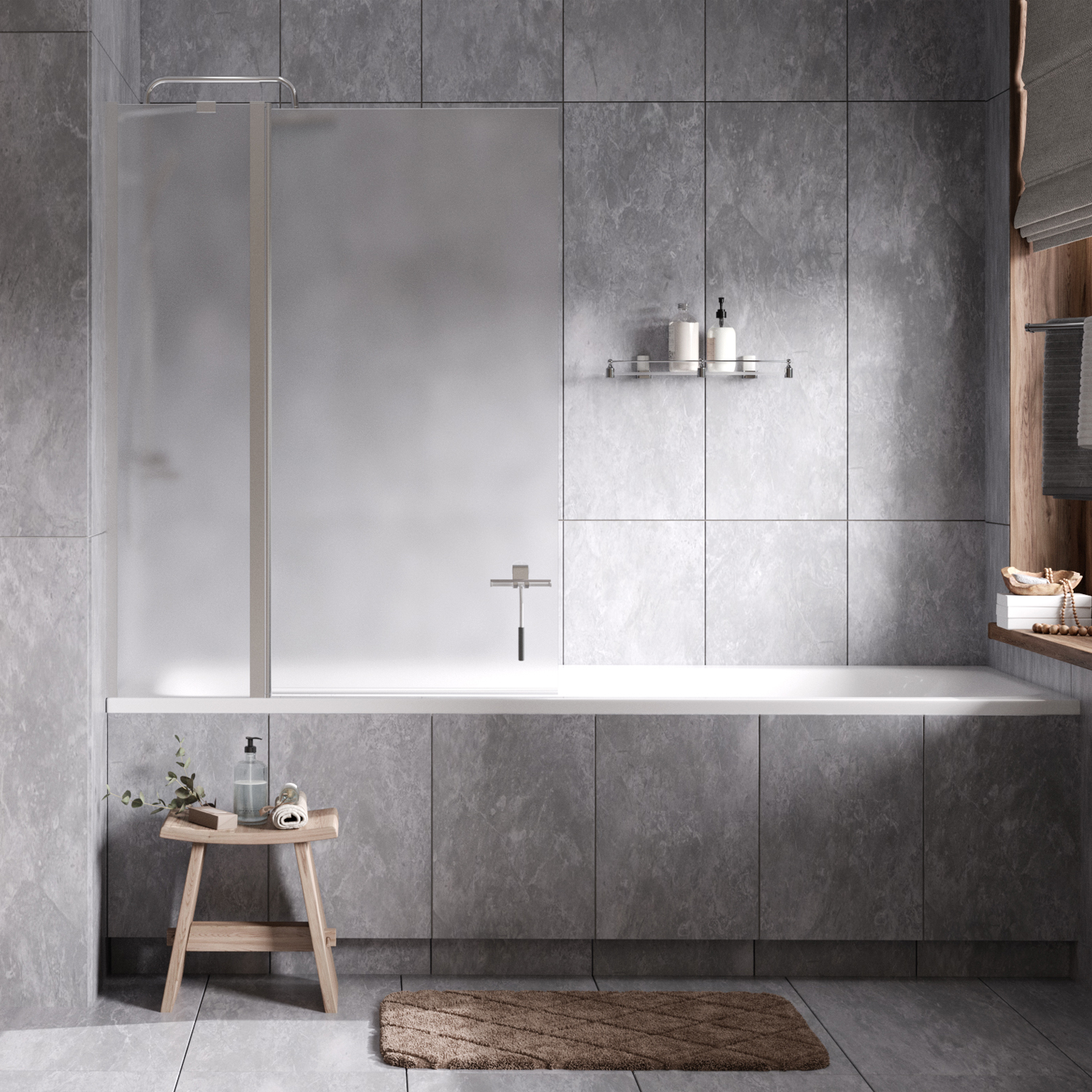 Шторка на ванну Wasserkraft Berkel 48P 110х 140, стеклянная — шторка установлена у серой плиточной стены