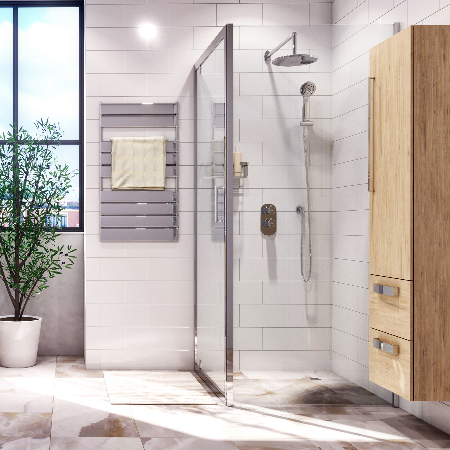 Душевой уголок Wasserkraft Berkel 48P 110x90 — стеклянная перегородка в ванной с белой плиткой и деревянной мебелью