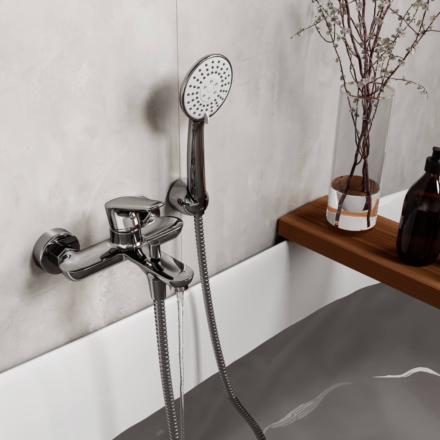Смеситель для ванны Wasserkraft Vils 5600 с коротким изливом — хромированный смеситель на серой стене