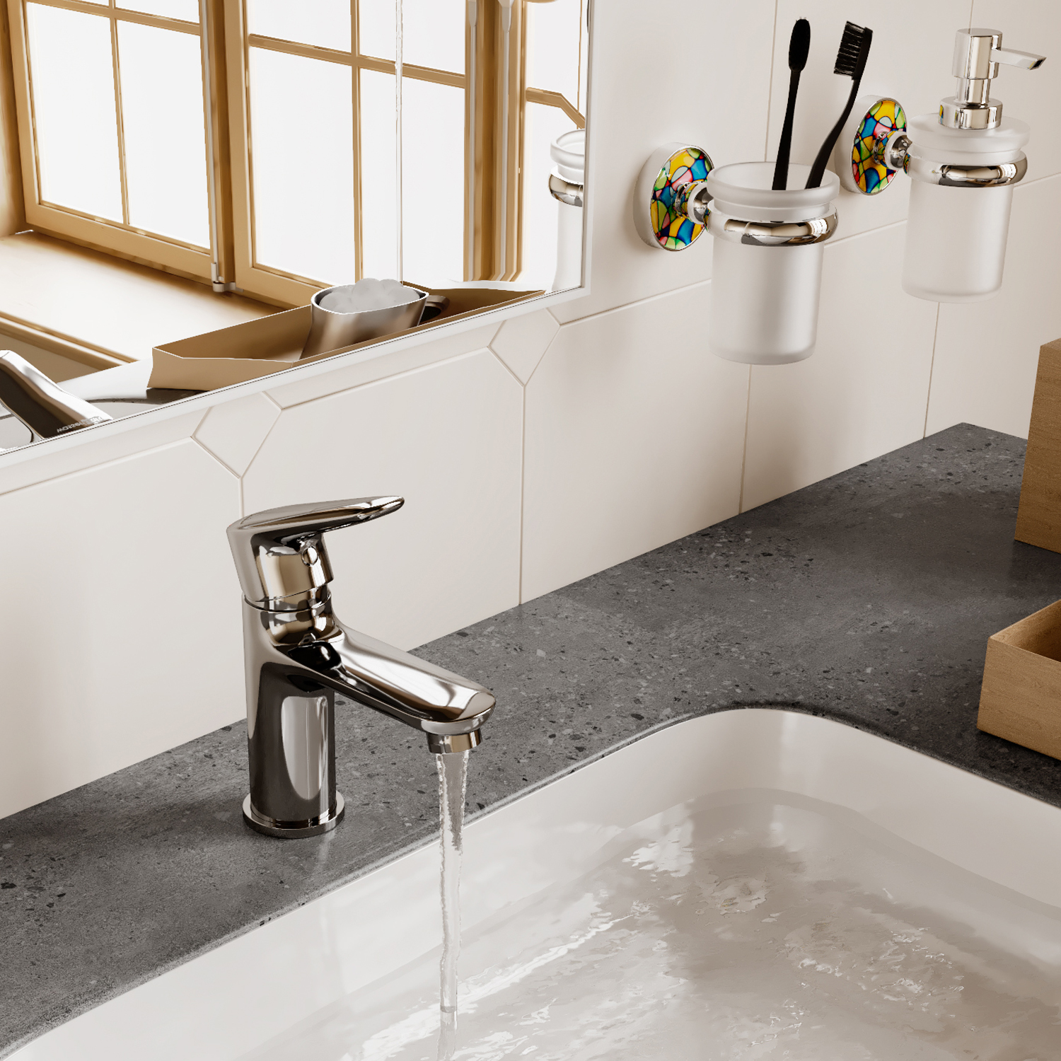 Смеситель для раковины Wasserkraft Vils 5600 — на серой каменной столешнице у белой стены с зеркалом
